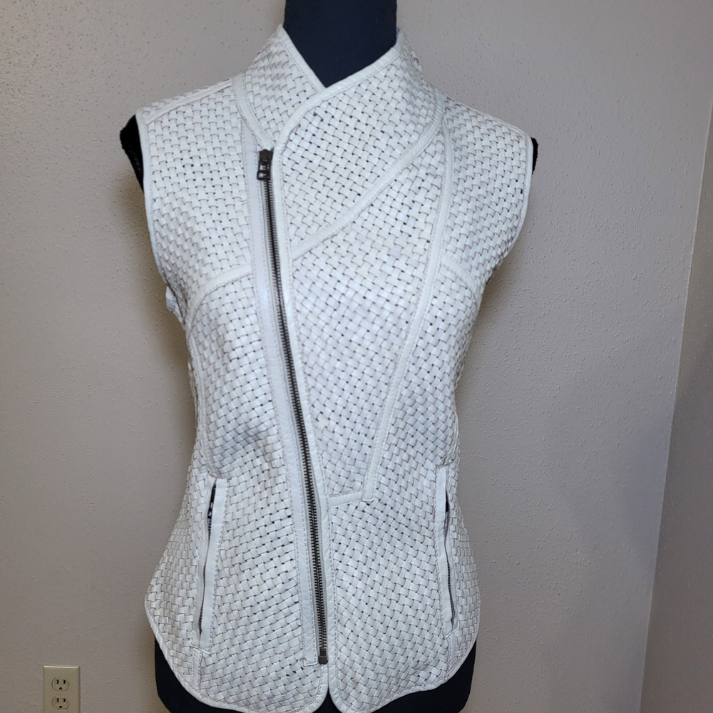 White Knit leather  Vest with High Collar and Fitted Silhouette
